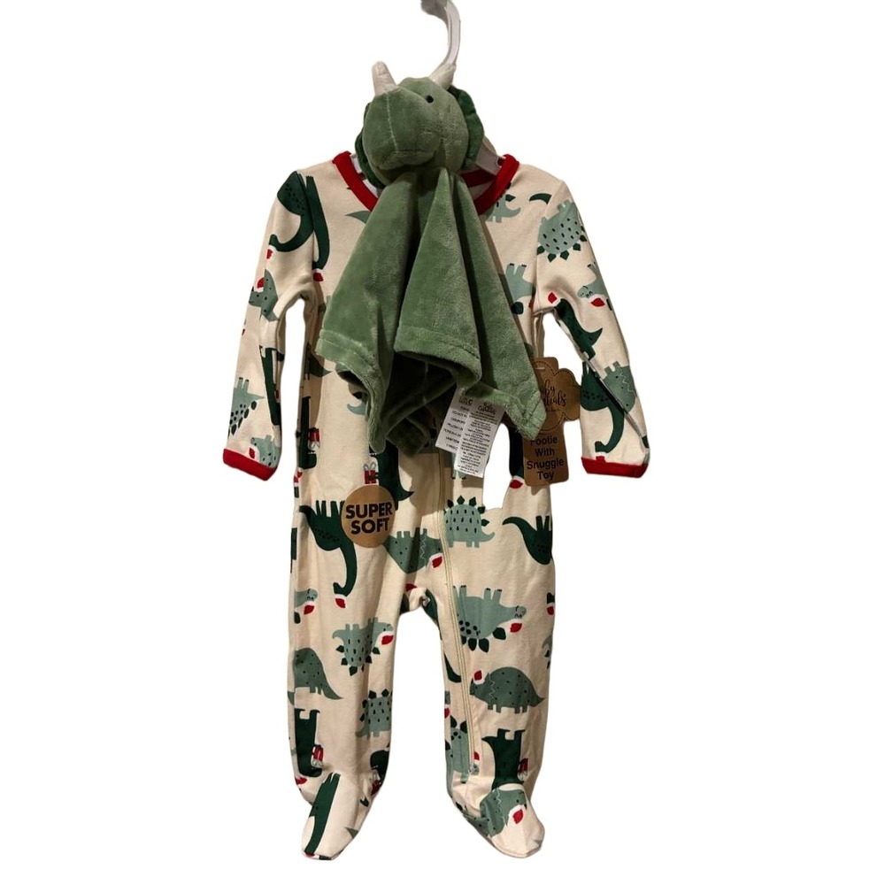 Baby Essentials Christmas Dinosaur Footie Pajamas & Plush Lovey Set Green 6M NEW